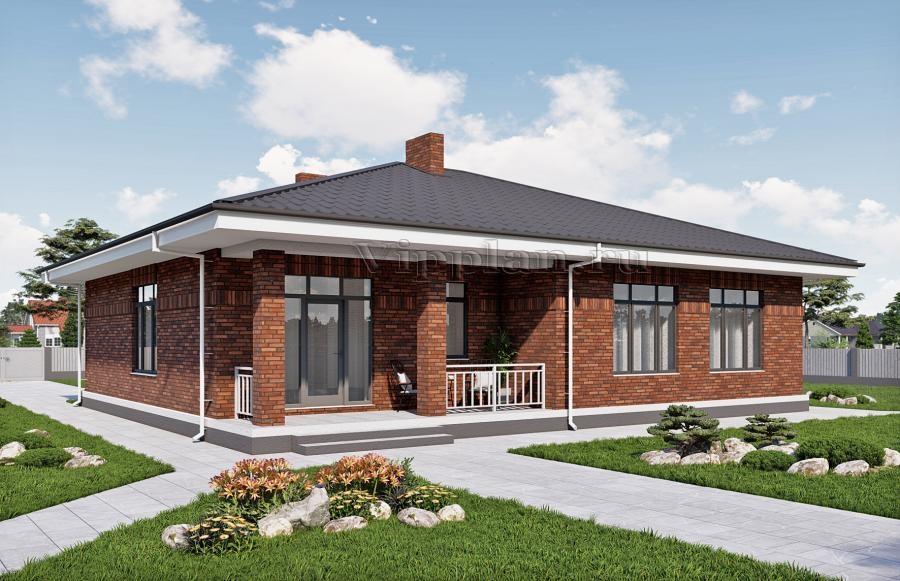 Одноэтажный дом с террасой, тремя спальнями и отделкой кирпичом